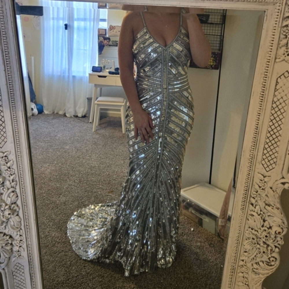 Sherri Hill Silver Sequin Beaded Gown